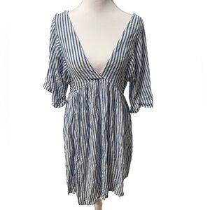 blue island Blue and White Striped V-Neck Swim Coverup